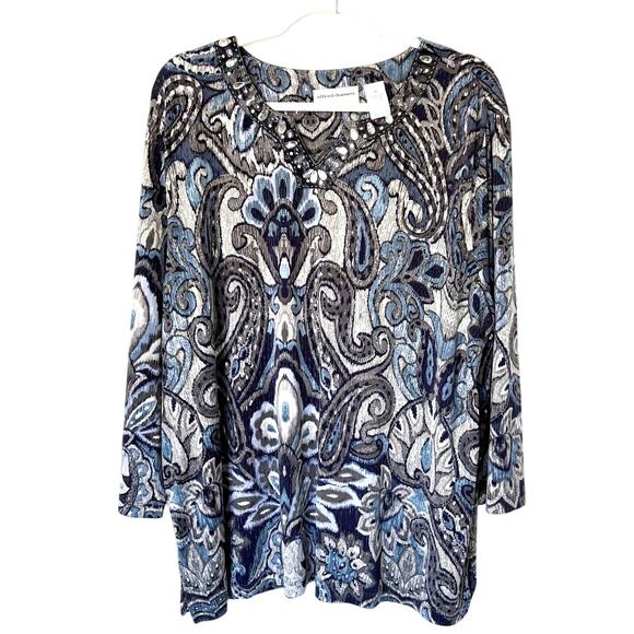 Alfred Dunner Wms 1X Blue Gray Jersey Knit Embellished Popover Tunic Blouse Glam - Picture 1 of 10